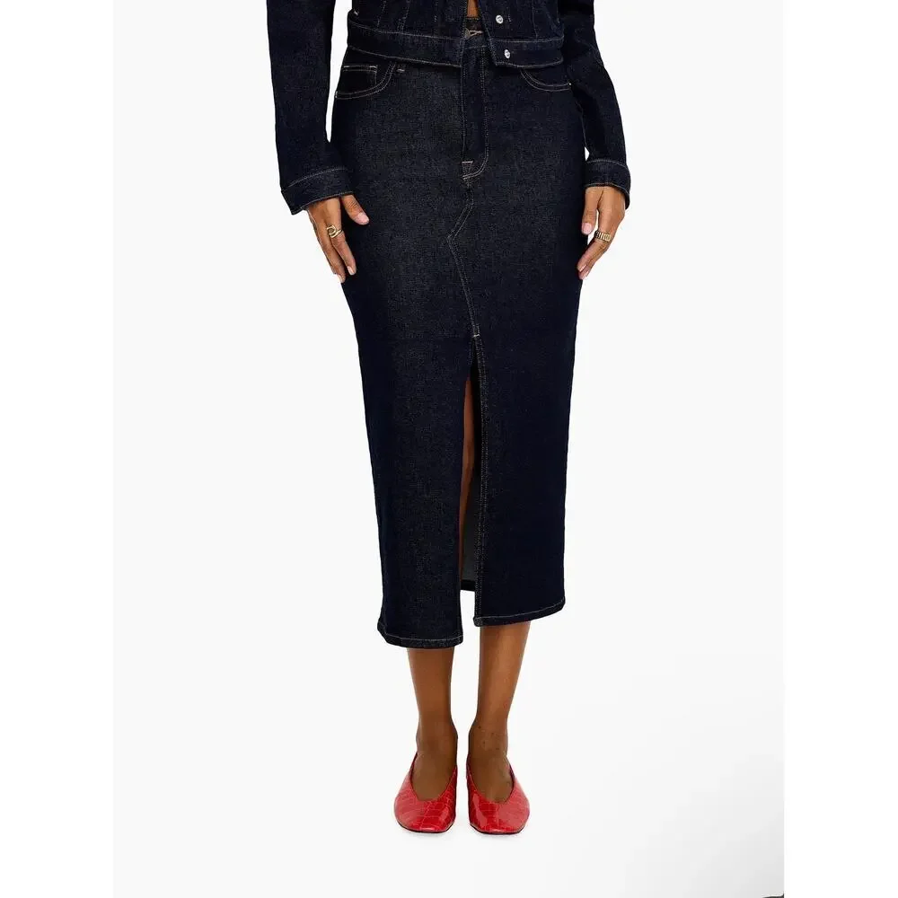 Good American Stretch Denim Indigo Midi Skirt Size 24 (Plus), NWT